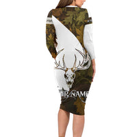 Custom Deer Hunting Skull Long Sleeve Bodycon Dress with Antlers Graphic on Autumn Leaf Camo Background - Wonder Print Shop