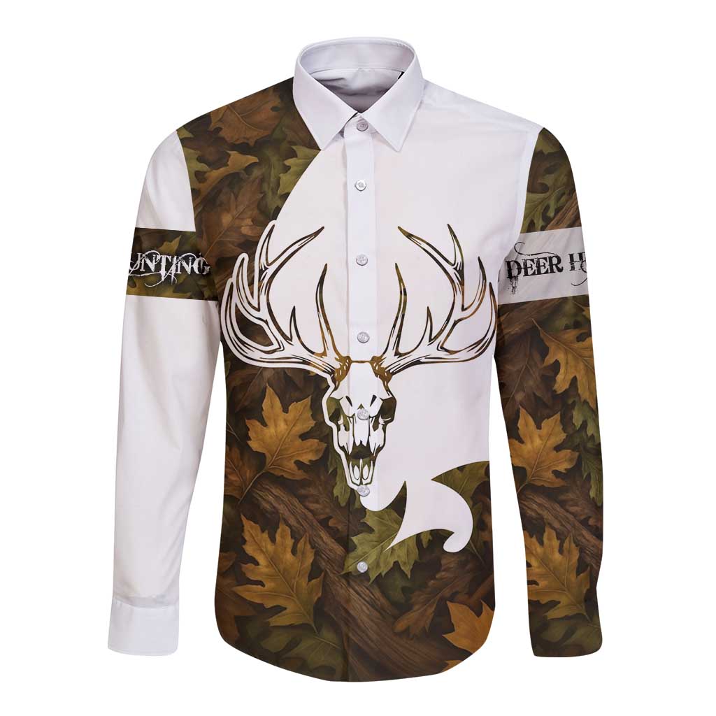 Custom Deer Hunting Skull Long Sleeve Button Shirt with Antlers Graphic on Autumn Leaf Camo Background - Wonder Print Shop