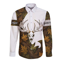 Custom Deer Hunting Skull Long Sleeve Button Shirt with Antlers Graphic on Autumn Leaf Camo Background - Wonder Print Shop