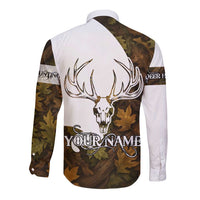 Custom Deer Hunting Skull Long Sleeve Button Shirt with Antlers Graphic on Autumn Leaf Camo Background - Wonder Print Shop