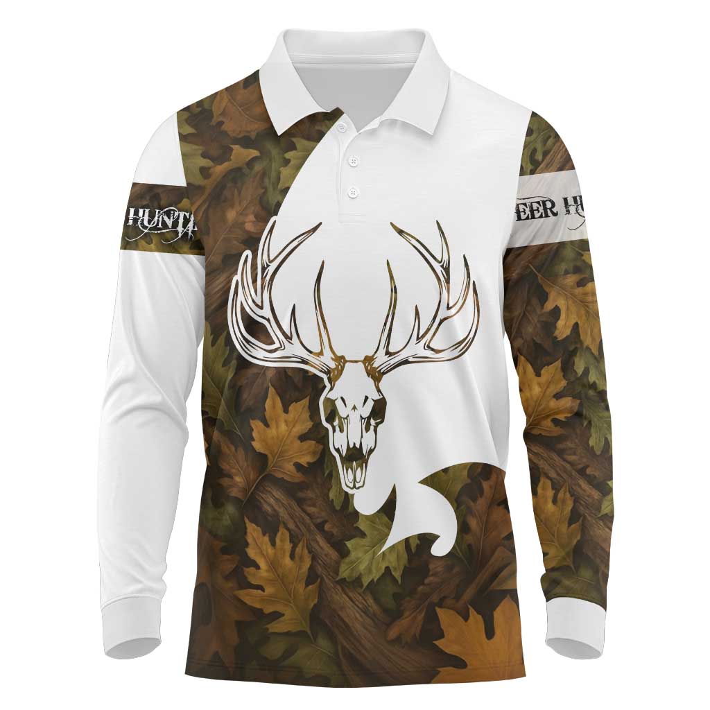 Custom Deer Hunting Skull Long Sleeve Polo Shirt with Antlers Graphic on Autumn Leaf Camo Background - Wonder Print Shop