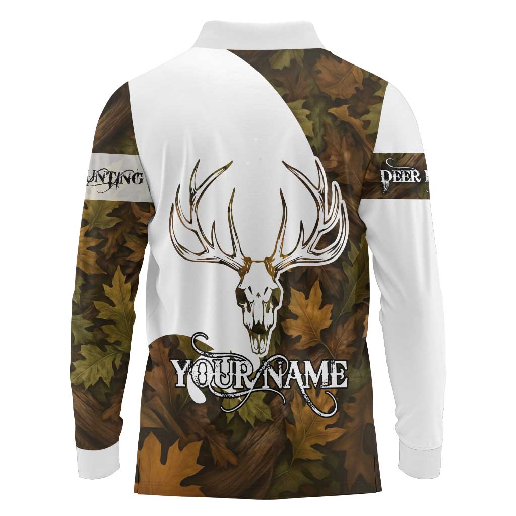 Custom Deer Hunting Skull Long Sleeve Polo Shirt with Antlers Graphic on Autumn Leaf Camo Background - Wonder Print Shop