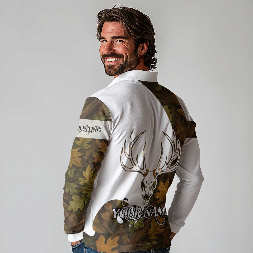 Custom Deer Hunting Skull Long Sleeve Polo Shirt with Antlers Graphic on Autumn Leaf Camo Background - Wonder Print Shop