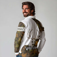 Custom Deer Hunting Skull Long Sleeve Polo Shirt with Antlers Graphic on Autumn Leaf Camo Background - Wonder Print Shop