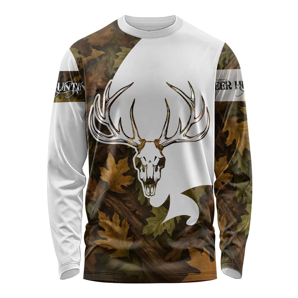 Custom Deer Hunting Skull Long Sleeve Shirt with Antlers Graphic on Autumn Leaf Camo Background - Wonder Print Shop