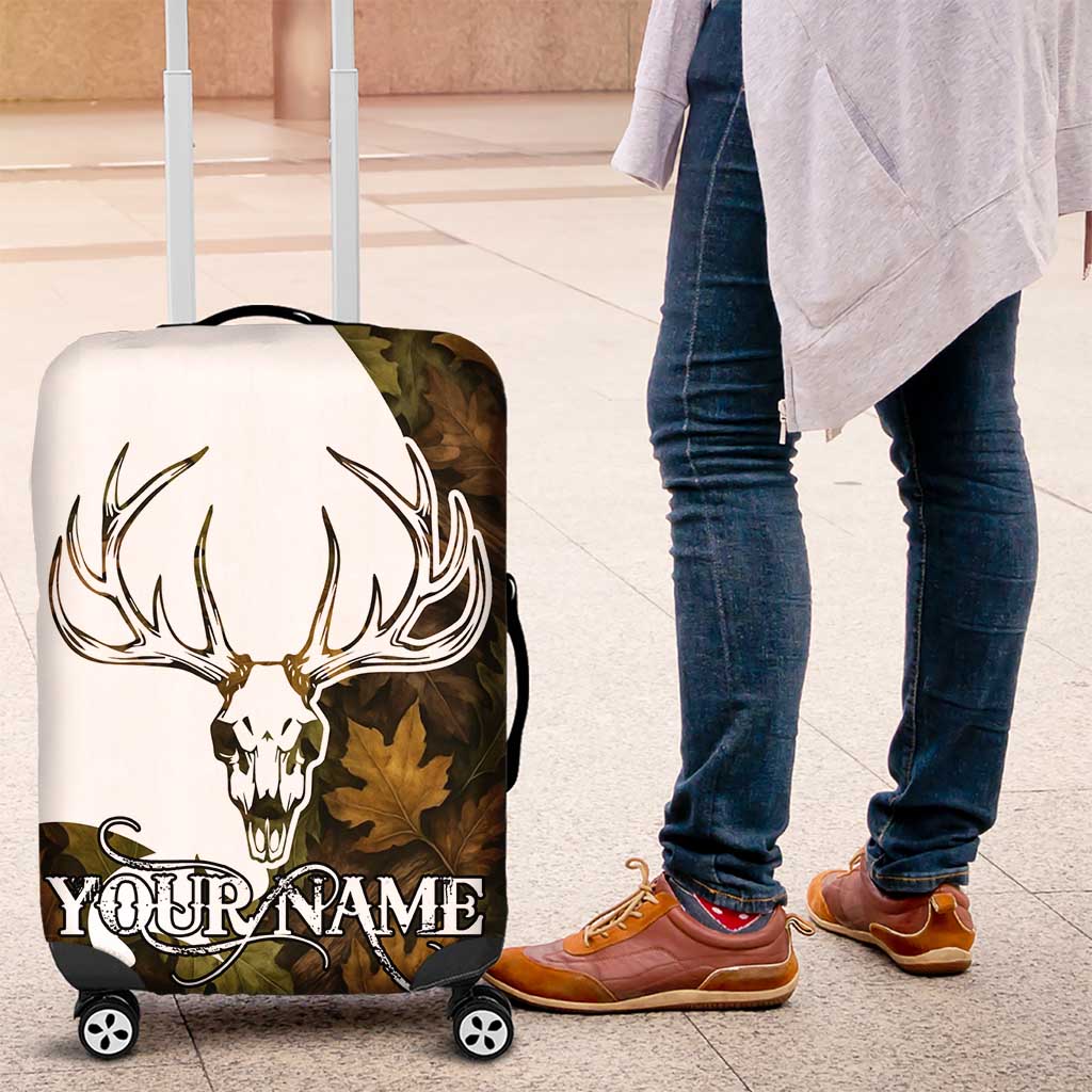 Custom Deer Hunting Skull Luggage Cover with Antlers Graphic on Autumn Leaf Camo Background - Wonder Print Shop