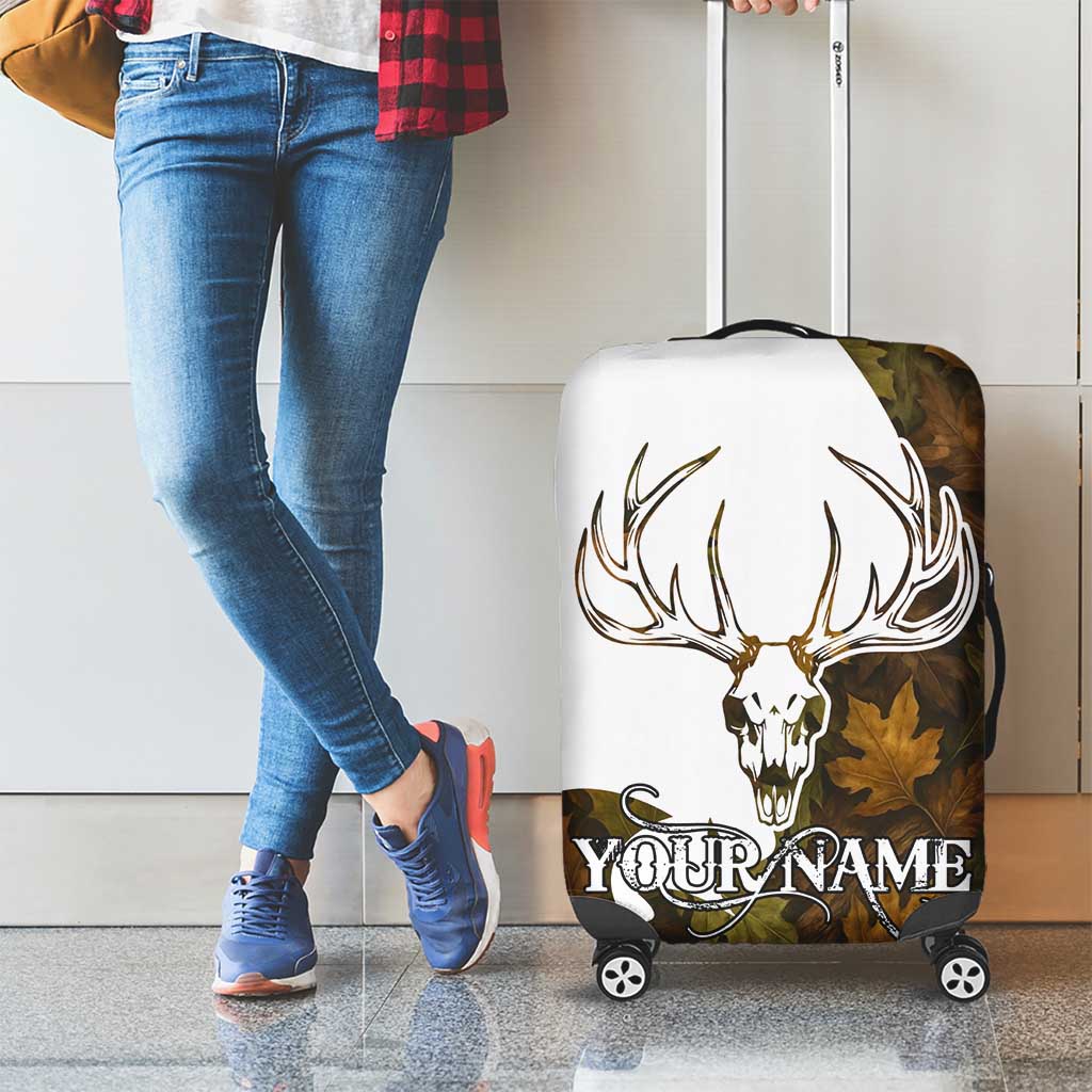 Custom Deer Hunting Skull Luggage Cover with Antlers Graphic on Autumn Leaf Camo Background - Wonder Print Shop