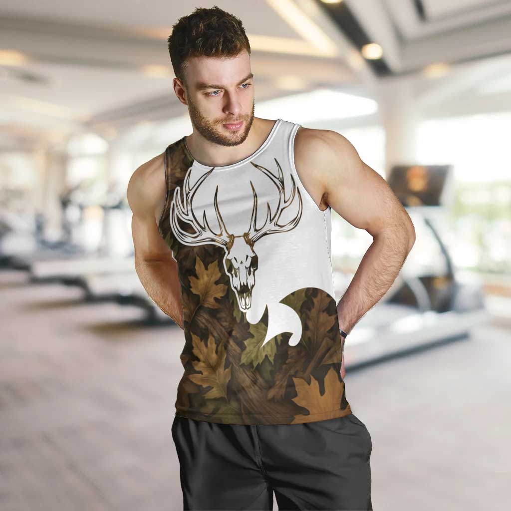 Custom Deer Hunting Skull Men Tank Top with Antlers Graphic on Autumn Leaf Camo Background - Wonder Print Shop