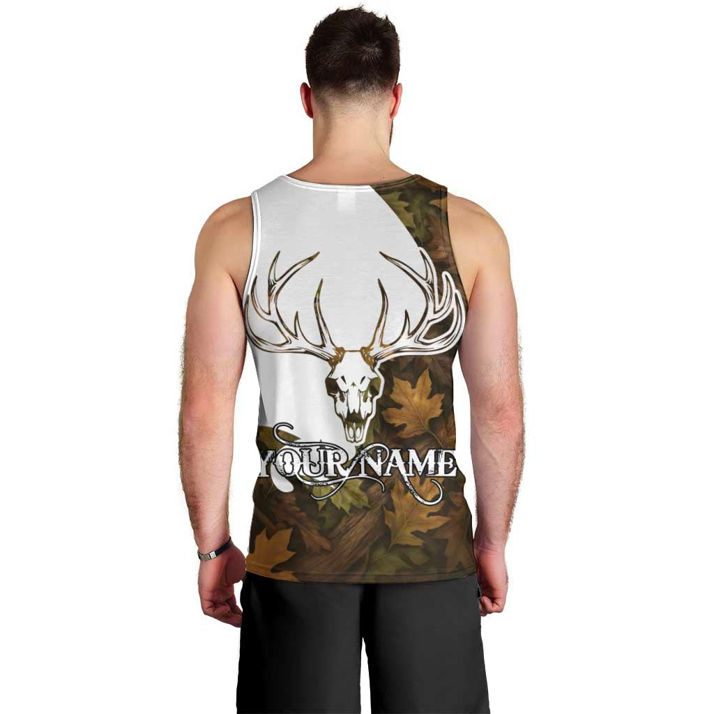 Custom Deer Hunting Skull Men Tank Top with Antlers Graphic on Autumn Leaf Camo Background - Wonder Print Shop