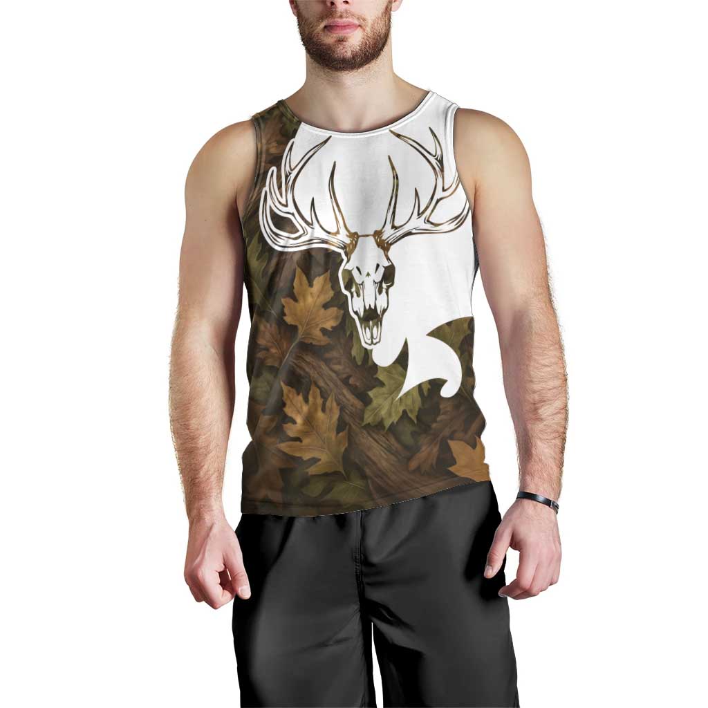 Custom Deer Hunting Skull Men Tank Top with Antlers Graphic on Autumn Leaf Camo Background - Wonder Print Shop