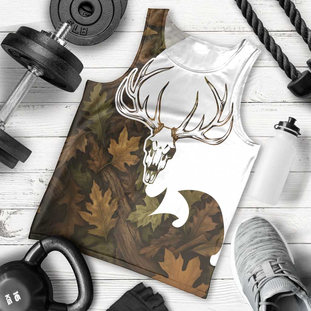 Custom Deer Hunting Skull Men Tank Top with Antlers Graphic on Autumn Leaf Camo Background - Wonder Print Shop