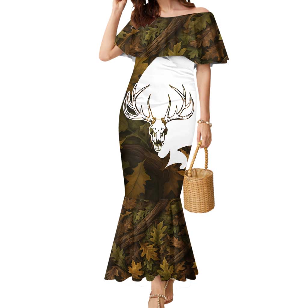 Custom Deer Hunting Skull Mermaid Dress with Antlers Graphic on Autumn Leaf Camo Background - Wonder Print Shop