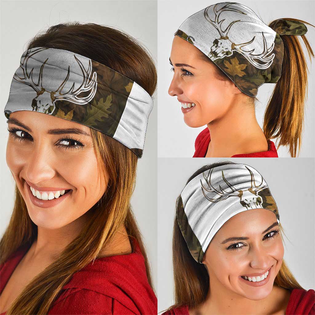 Deer Hunting Skull Neck Gaiter with Antlers Graphic on Autumn Leaf Camo Background TS04