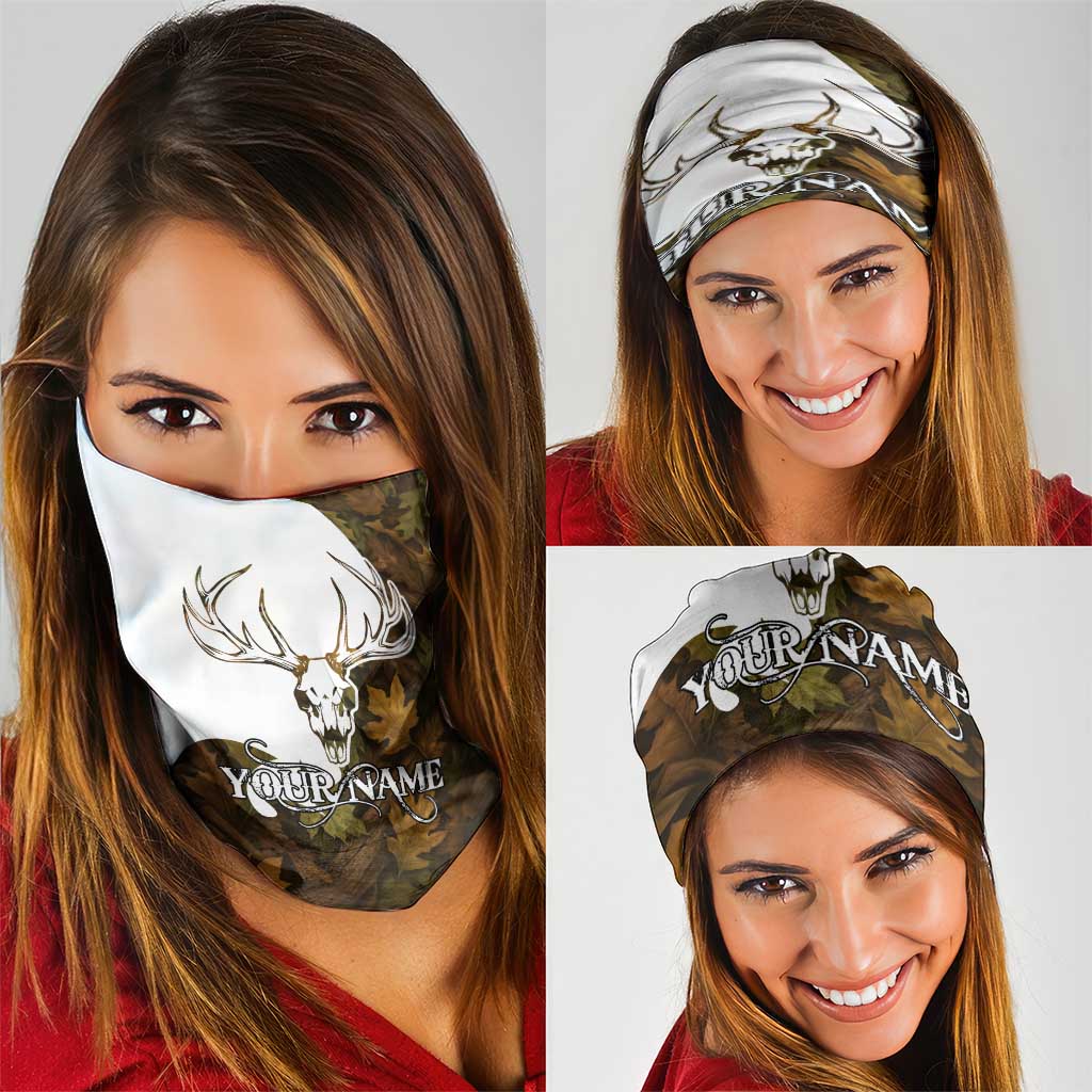 Deer Hunting Skull Neck Gaiter with Antlers Graphic on Autumn Leaf Camo Background TS04