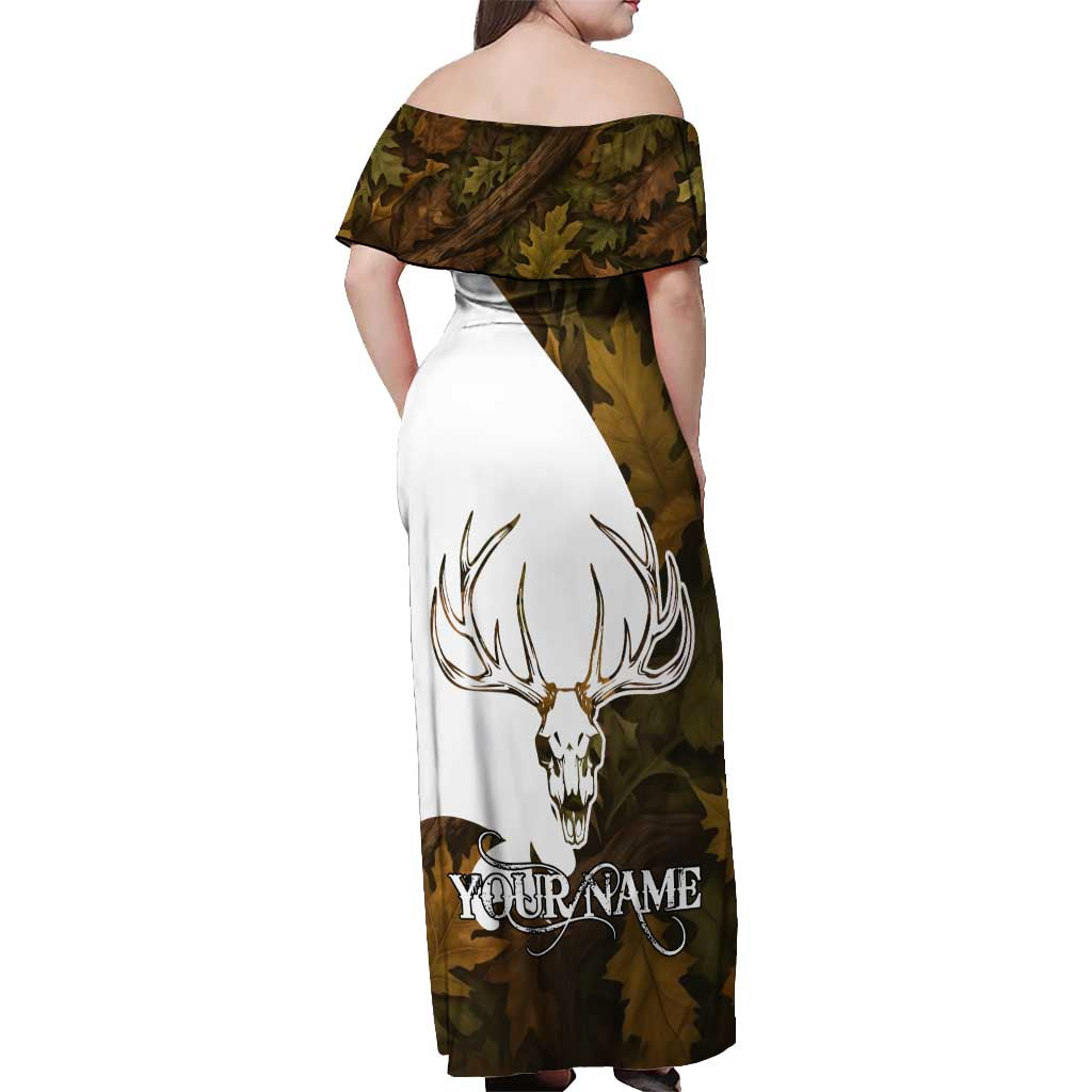 Custom Deer Hunting Skull Off Shoulder Maxi Dress with Antlers Graphic on Autumn Leaf Camo Background - Wonder Print Shop
