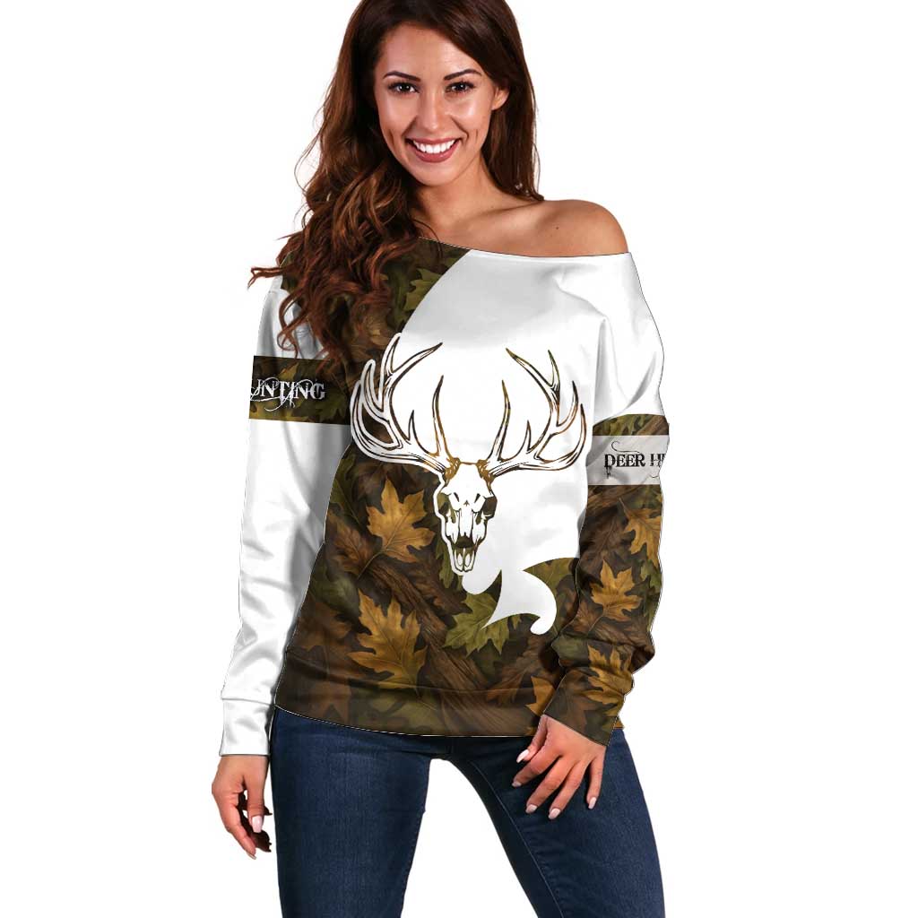 Custom Deer Hunting Skull Off Shoulder Sweater with Antlers Graphic on Autumn Leaf Camo Background - Wonder Print Shop