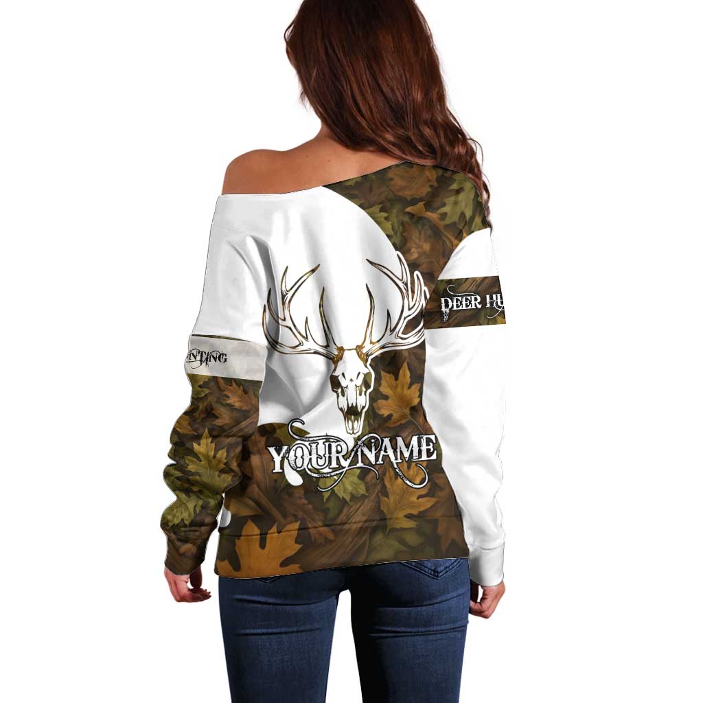 Custom Deer Hunting Skull Off Shoulder Sweater with Antlers Graphic on Autumn Leaf Camo Background - Wonder Print Shop