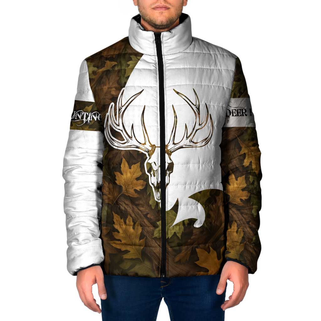 Custom Deer Hunting Skull Padded Jacket with Antlers Graphic on Autumn Leaf Camo Background - Wonder Print Shop