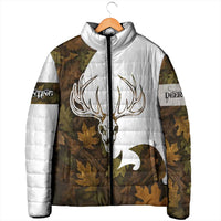 Custom Deer Hunting Skull Padded Jacket with Antlers Graphic on Autumn Leaf Camo Background - Wonder Print Shop