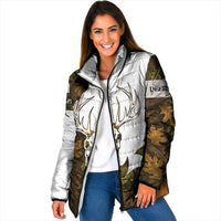 Custom Deer Hunting Skull Padded Jacket with Antlers Graphic on Autumn Leaf Camo Background - Wonder Print Shop