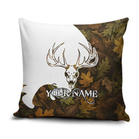 Custom Deer Hunting Skull Pillow Cover with Antlers Graphic on Autumn Leaf Camo Background - Wonder Print Shop