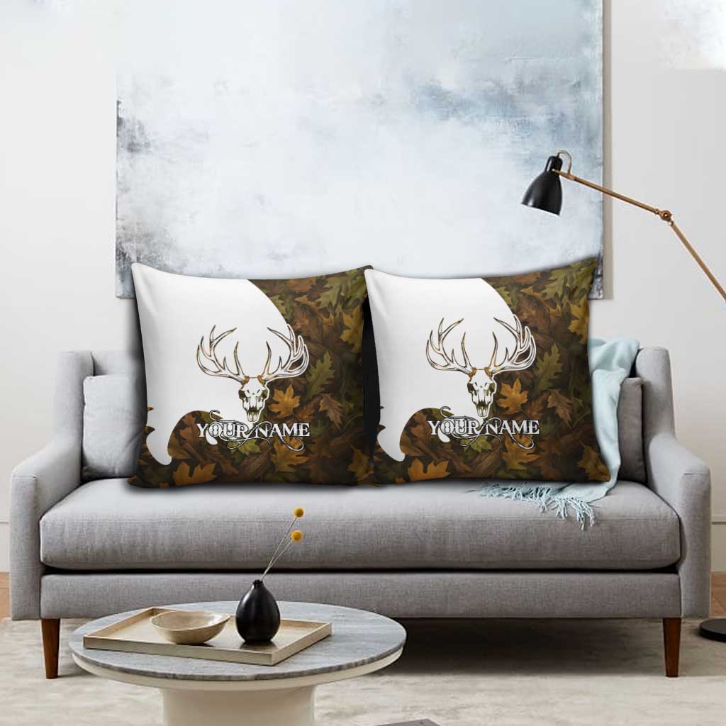 Custom Deer Hunting Skull Pillow Cover with Antlers Graphic on Autumn Leaf Camo Background - Wonder Print Shop