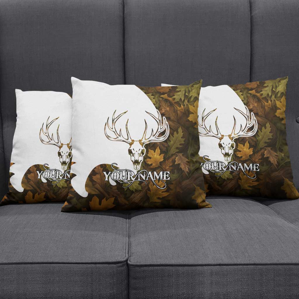 Custom Deer Hunting Skull Pillow Cover with Antlers Graphic on Autumn Leaf Camo Background - Wonder Print Shop