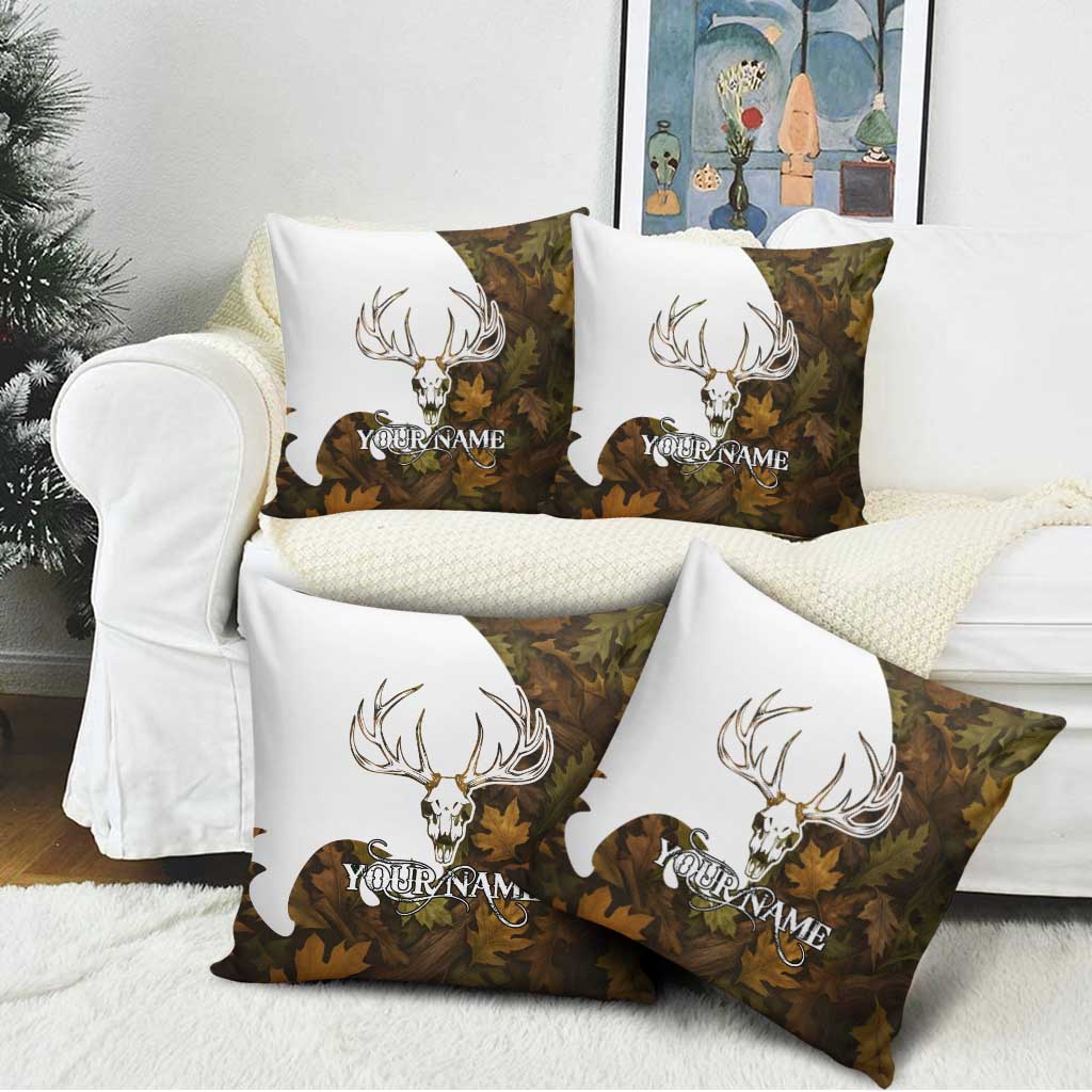 Custom Deer Hunting Skull Pillow Cover with Antlers Graphic on Autumn Leaf Camo Background - Wonder Print Shop