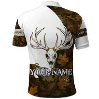 Custom Deer Hunting Skull Polo Shirt with Antlers Graphic on Autumn Leaf Camo Background - Wonder Print Shop