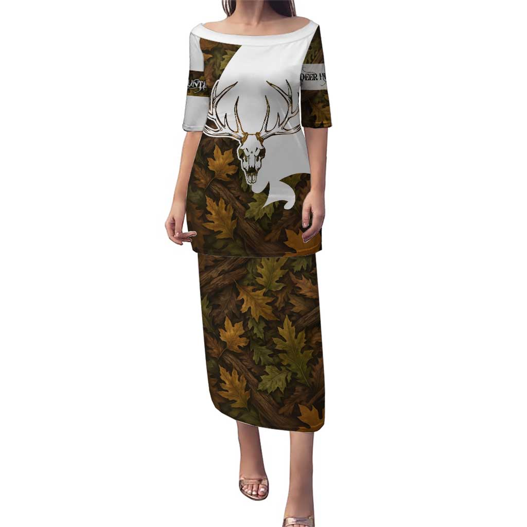 Custom Deer Hunting Skull Puletasi with Antlers Graphic on Autumn Leaf Camo Background - Wonder Print Shop