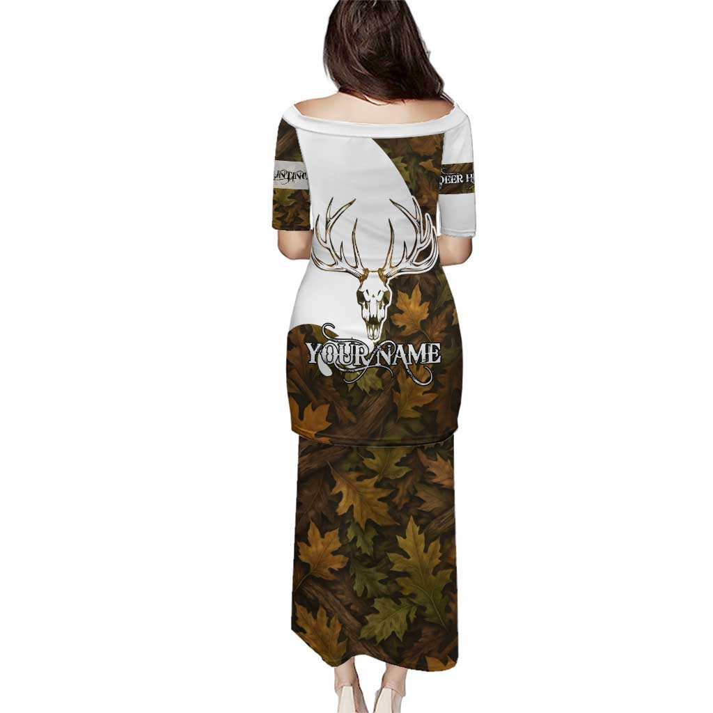 Custom Deer Hunting Skull Puletasi with Antlers Graphic on Autumn Leaf Camo Background - Wonder Print Shop