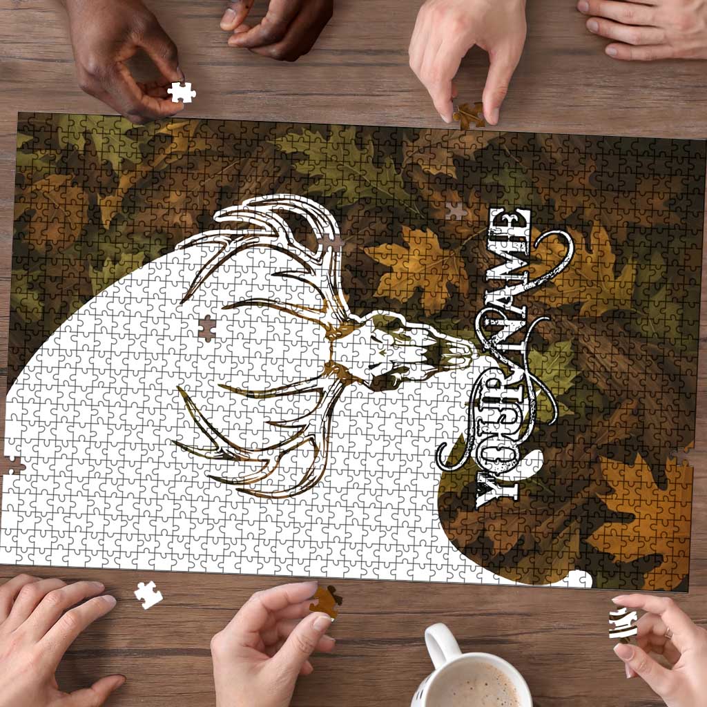 Custom Deer Hunting Skull Puzzle with Antlers Graphic on Autumn Leaf Camo Background - Wonder Print Shop