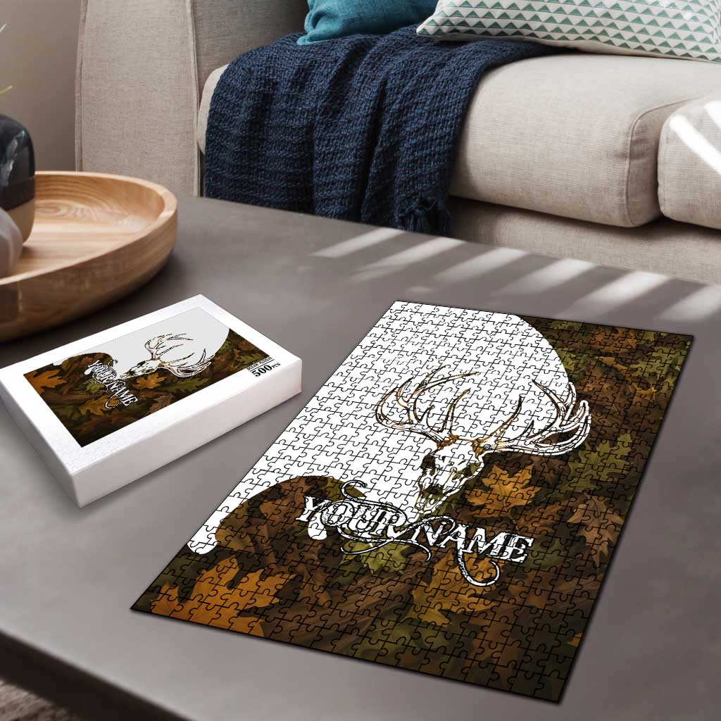 Custom Deer Hunting Skull Puzzle with Antlers Graphic on Autumn Leaf Camo Background - Wonder Print Shop