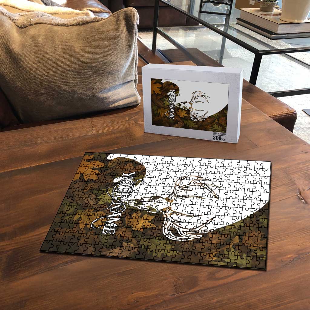 Custom Deer Hunting Skull Puzzle with Antlers Graphic on Autumn Leaf Camo Background - Wonder Print Shop