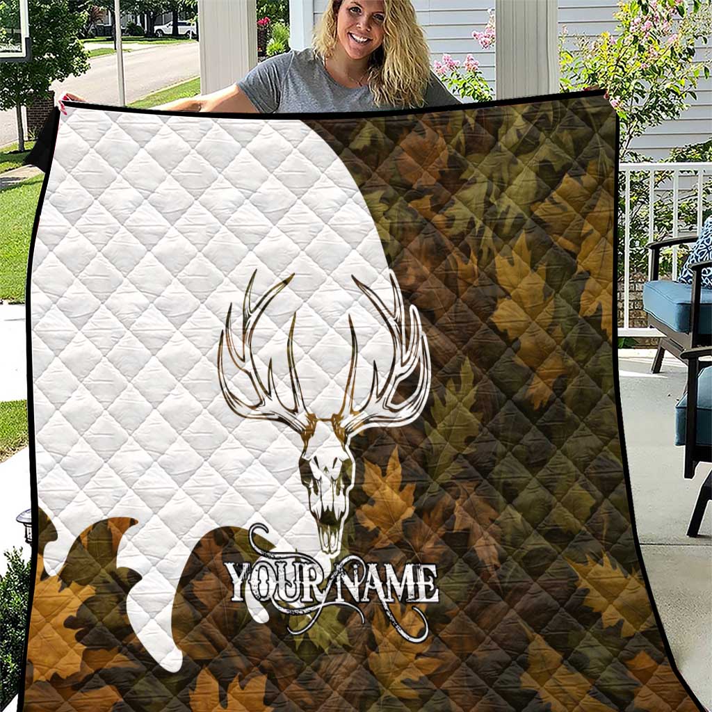 Custom Deer Hunting Skull Quilt with Antlers Graphic on Autumn Leaf Camo Background - Wonder Print Shop