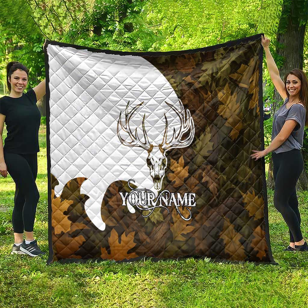 Custom Deer Hunting Skull Quilt with Antlers Graphic on Autumn Leaf Camo Background - Wonder Print Shop