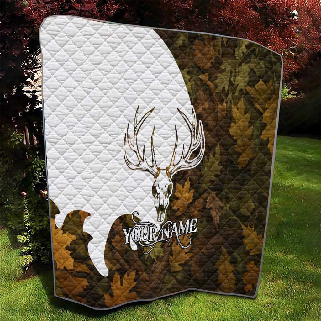 Custom Deer Hunting Skull Quilt with Antlers Graphic on Autumn Leaf Camo Background - Wonder Print Shop