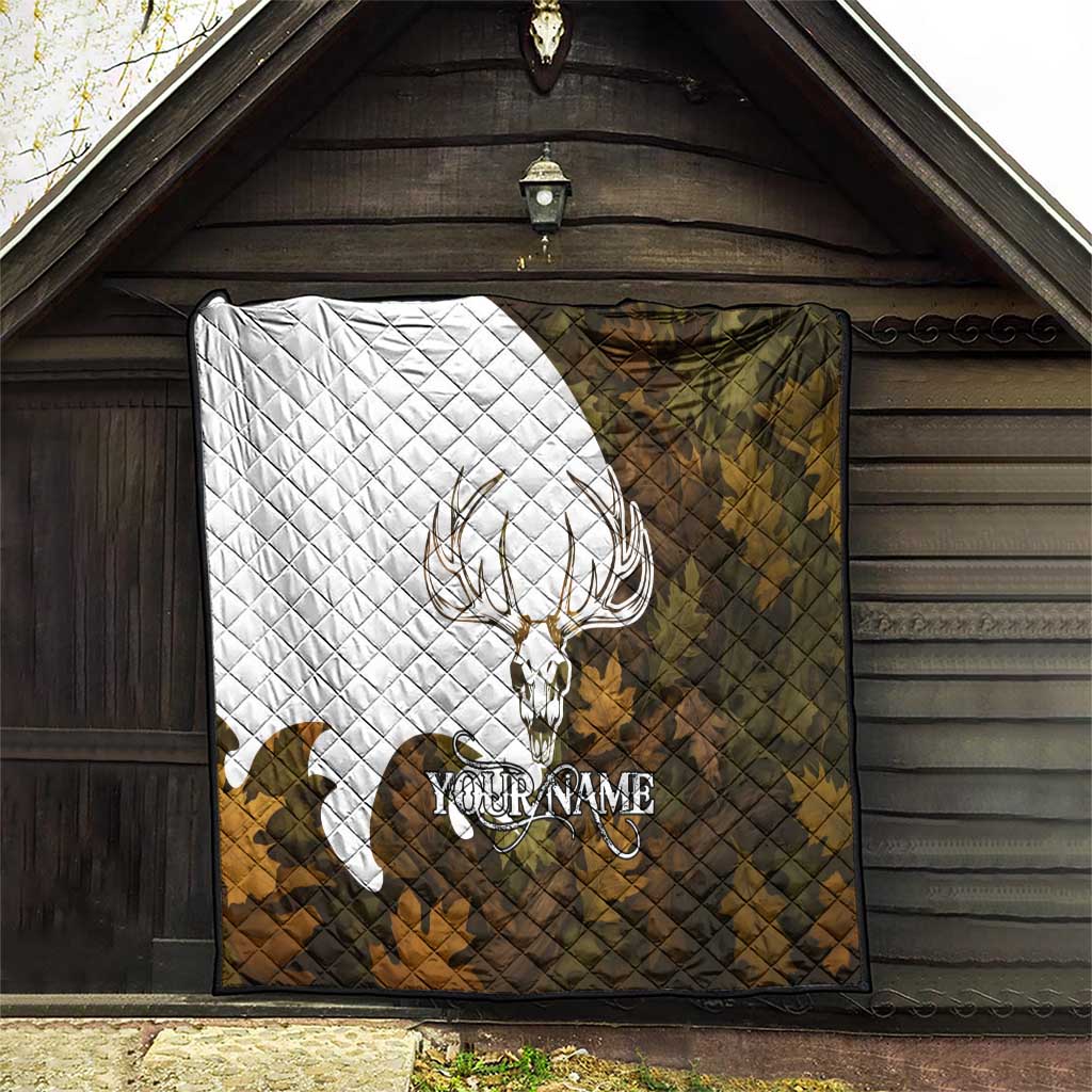 Custom Deer Hunting Skull Quilt with Antlers Graphic on Autumn Leaf Camo Background - Wonder Print Shop