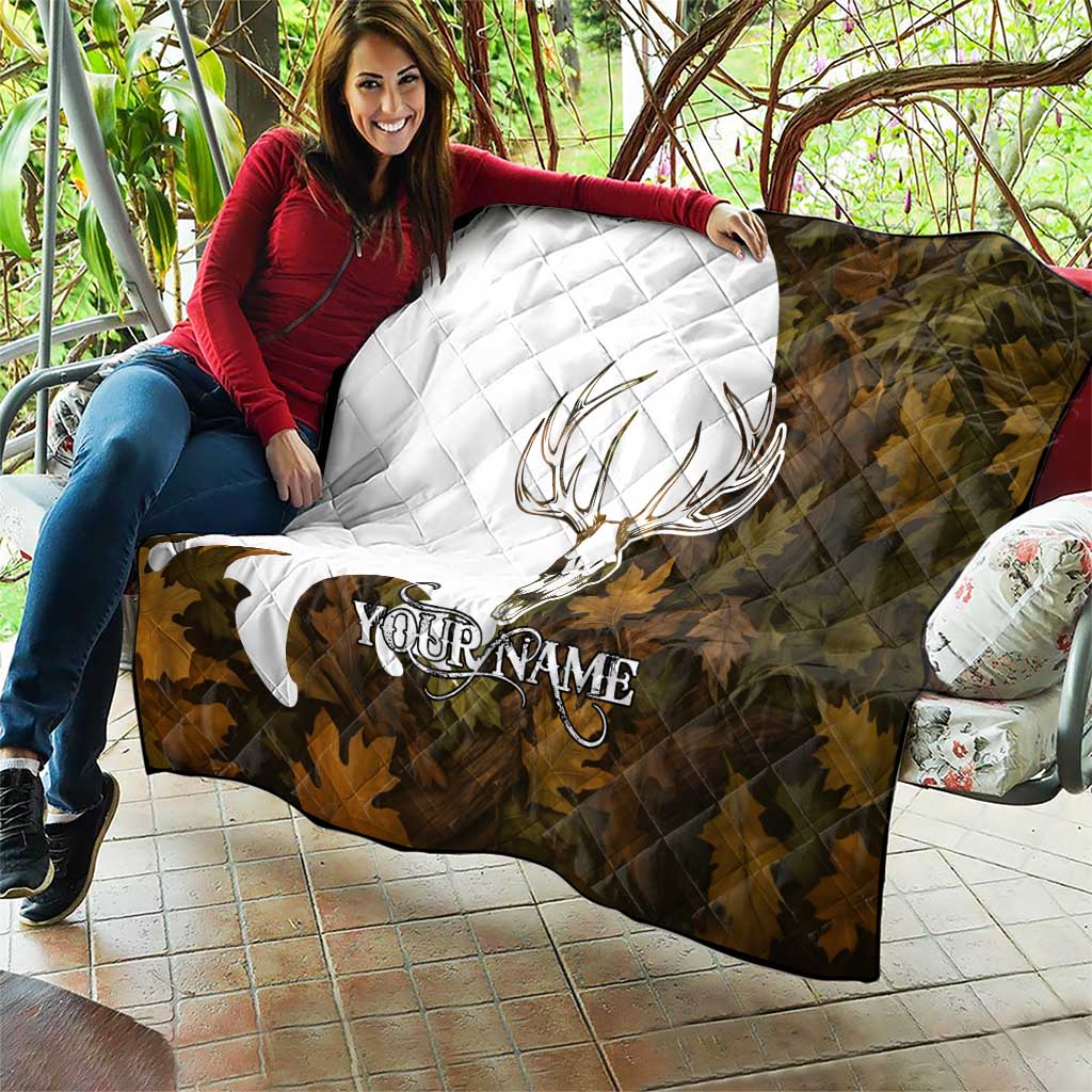 Custom Deer Hunting Skull Quilt with Antlers Graphic on Autumn Leaf Camo Background - Wonder Print Shop
