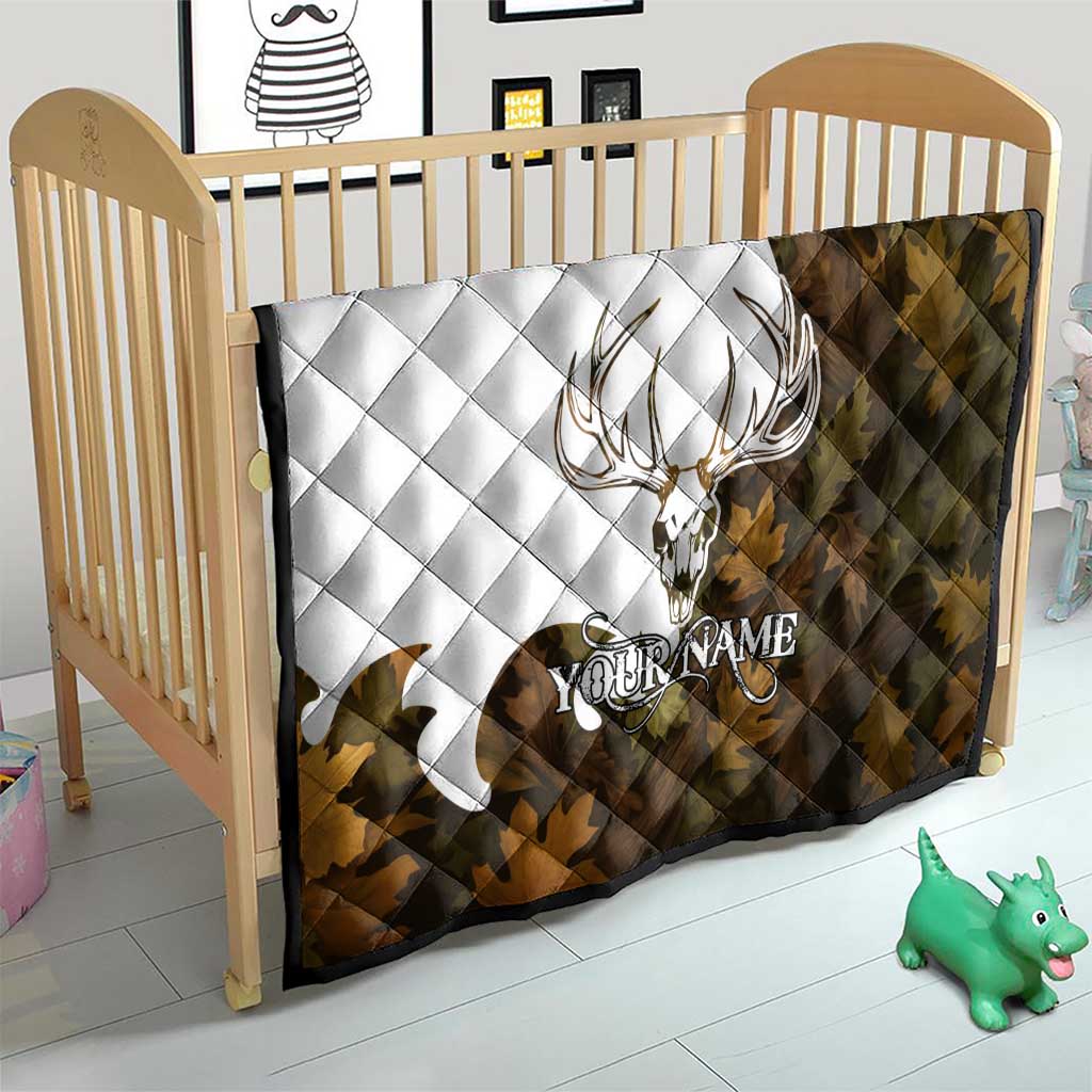 Custom Deer Hunting Skull Quilt with Antlers Graphic on Autumn Leaf Camo Background - Wonder Print Shop