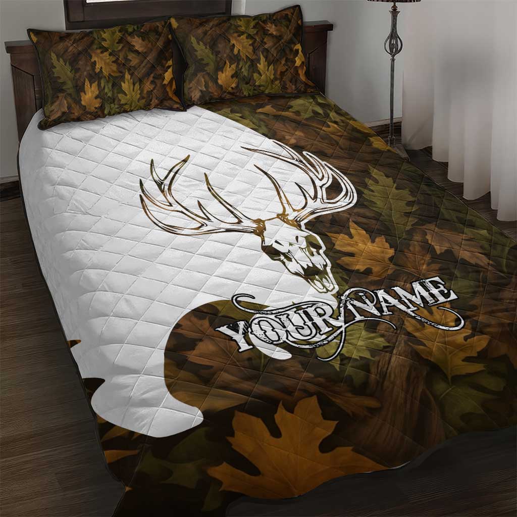 Custom Deer Hunting Skull Quilt Bed Set with Antlers Graphic on Autumn Leaf Camo Background - Wonder Print Shop
