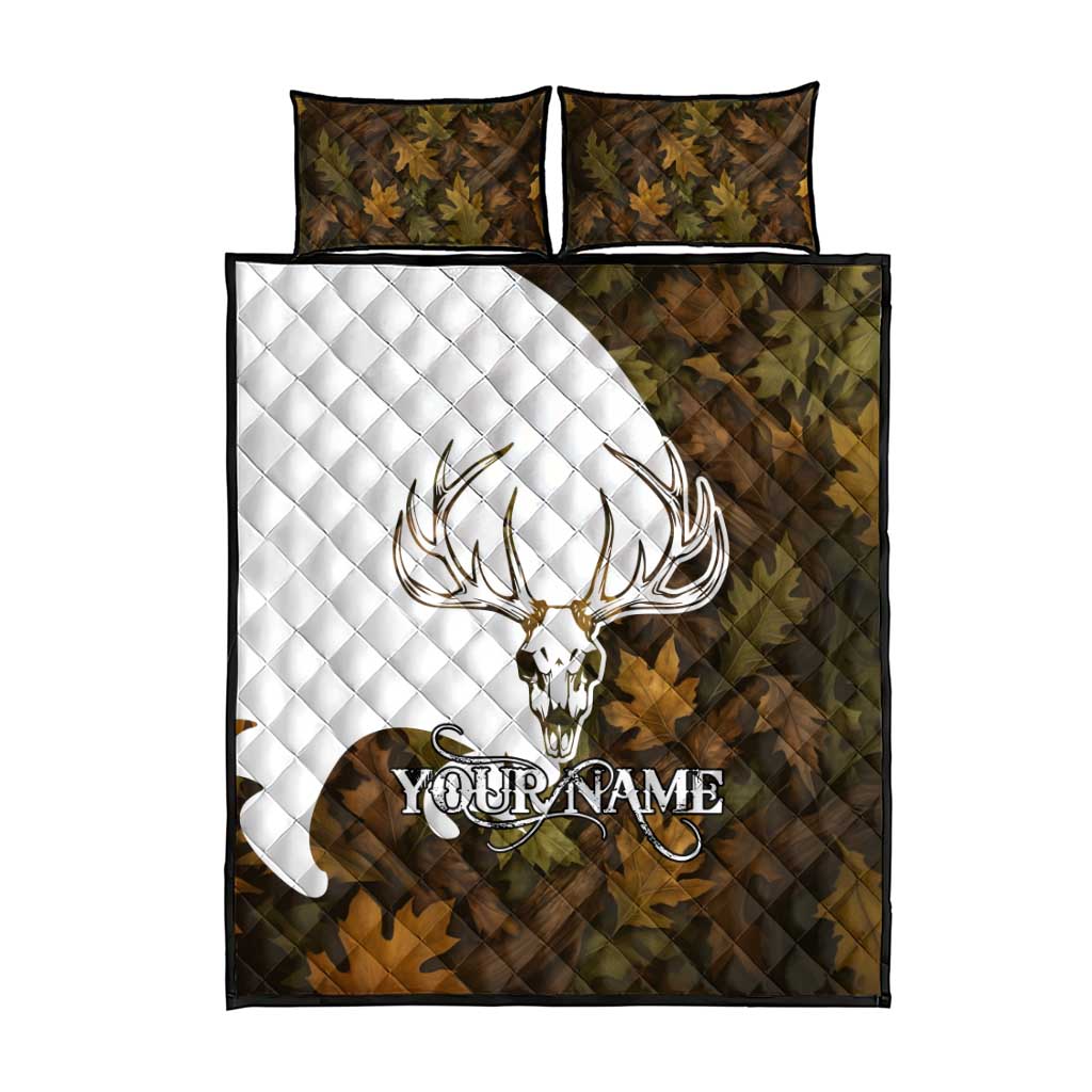 Custom Deer Hunting Skull Quilt Bed Set with Antlers Graphic on Autumn Leaf Camo Background - Wonder Print Shop