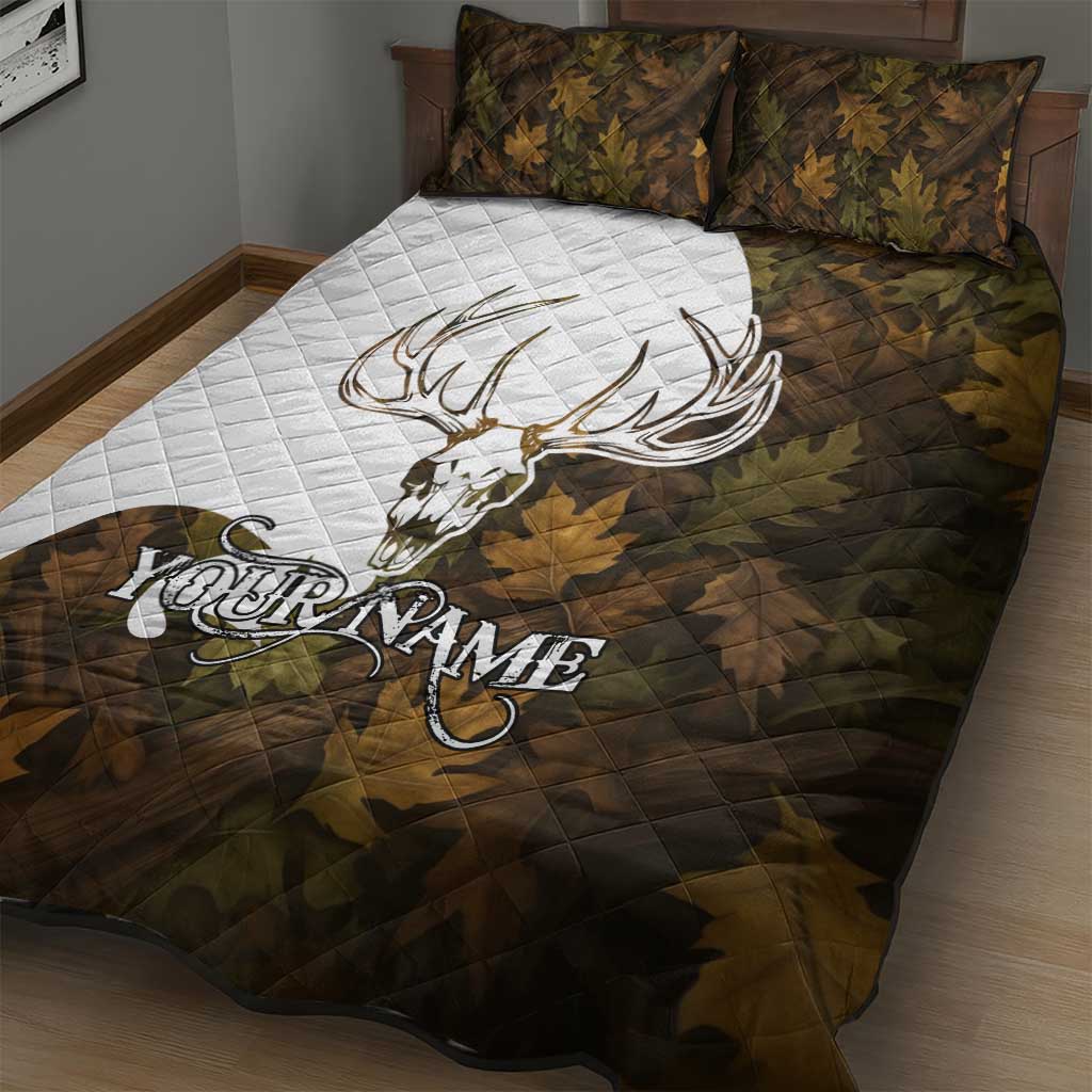 Custom Deer Hunting Skull Quilt Bed Set with Antlers Graphic on Autumn Leaf Camo Background - Wonder Print Shop