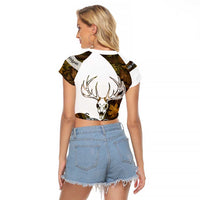 Custom Deer Hunting Skull Raglan Cropped T Shirt with Antlers Graphic on Autumn Leaf Camo Background - Wonder Print Shop