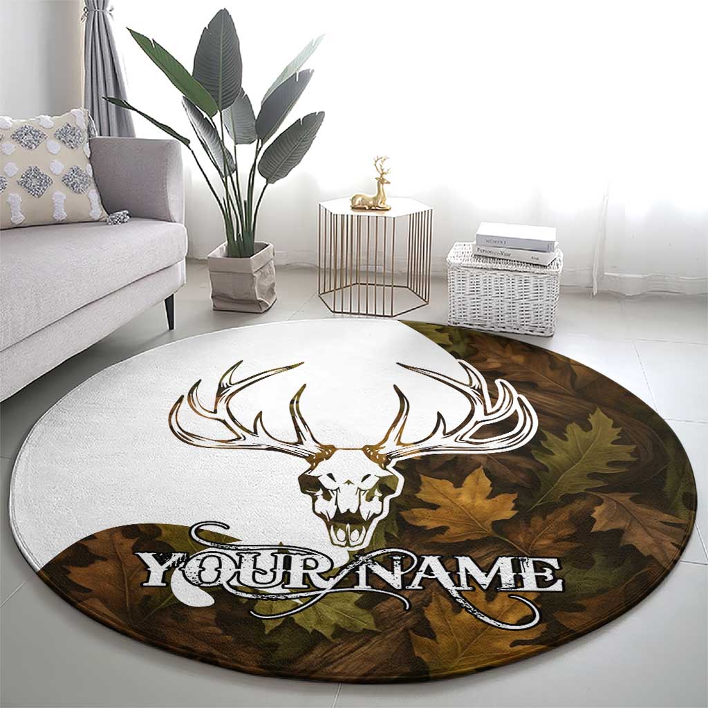 Custom Deer Hunting Skull Round Carpet with Antlers Graphic on Autumn Leaf Camo Background - Wonder Print Shop