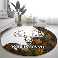 Custom Deer Hunting Skull Round Carpet with Antlers Graphic on Autumn Leaf Camo Background - Wonder Print Shop