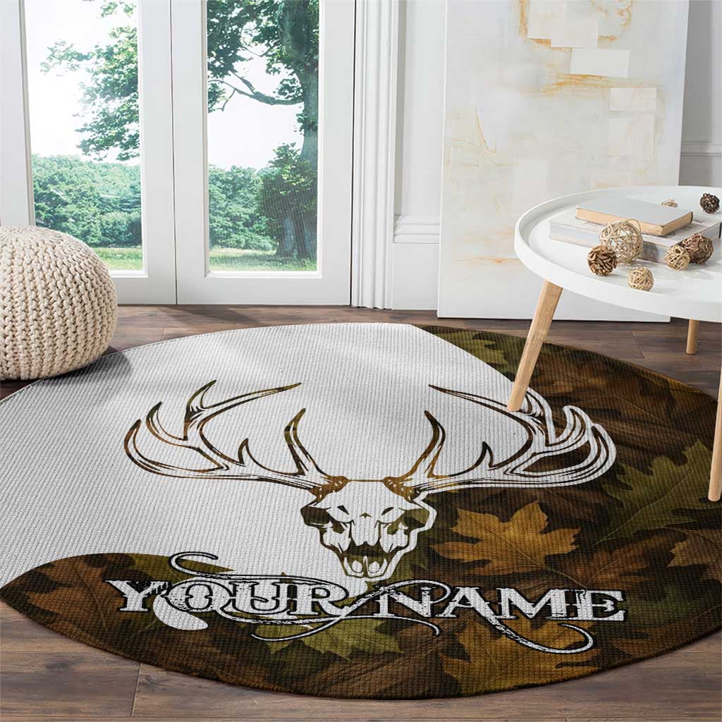 Custom Deer Hunting Skull Round Carpet with Antlers Graphic on Autumn Leaf Camo Background - Wonder Print Shop