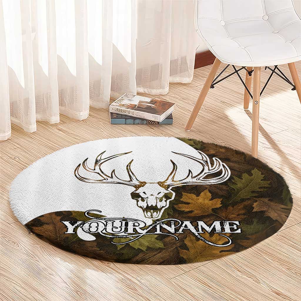 Custom Deer Hunting Skull Round Carpet with Antlers Graphic on Autumn Leaf Camo Background - Wonder Print Shop