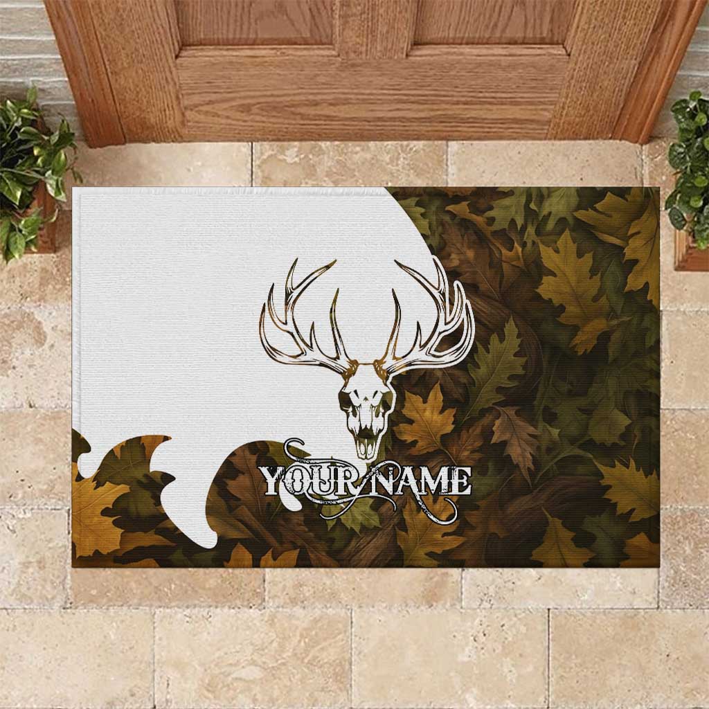 Custom Deer Hunting Skull Rubber Doormat with Antlers Graphic on Autumn Leaf Camo Background - Wonder Print Shop