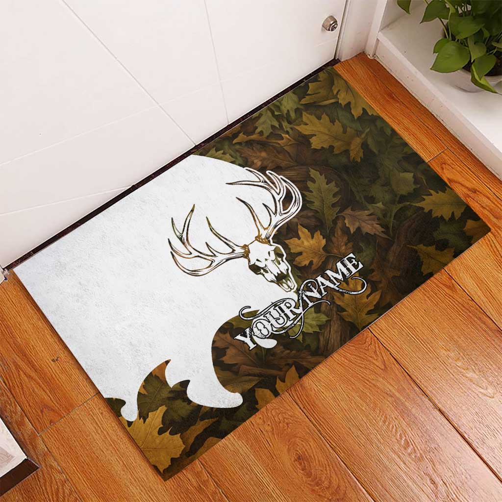 Custom Deer Hunting Skull Rubber Doormat with Antlers Graphic on Autumn Leaf Camo Background - Wonder Print Shop